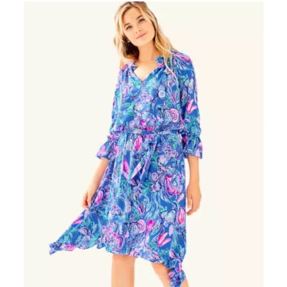 Lilly Pulitzer Dress, Small, Alyanna Belted Midi Blue Flattering Blousey Sleeved - Picture 2 of 10